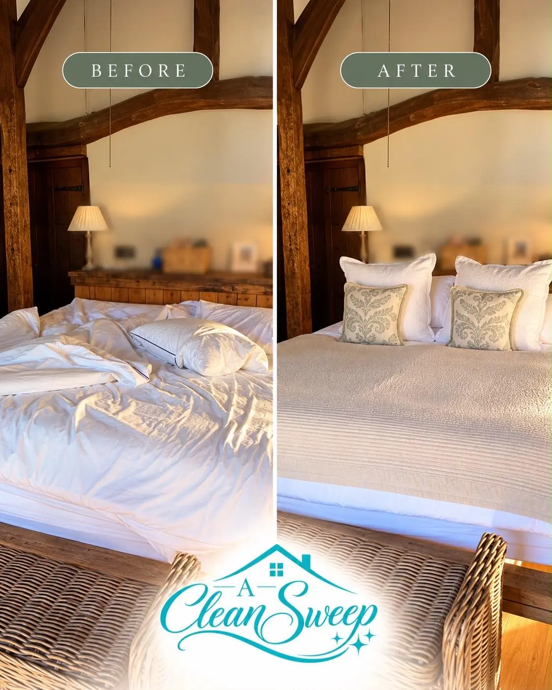 Before and after: an unmade bed, then the same bed made with fresh linen and cushions
