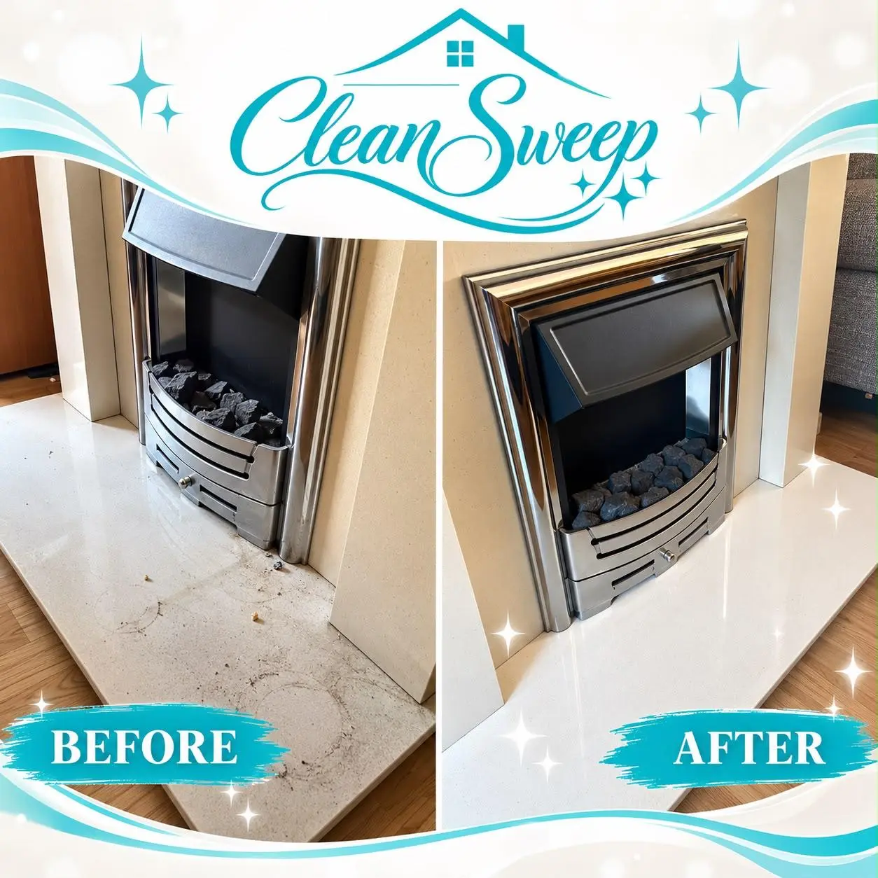 Before and after: a marked fireplace hearth, then the hearth and fire surround clean
